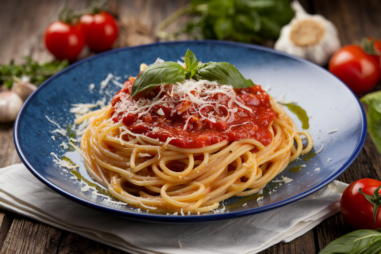 Plated spaghetti with marinara sauce, fresh basil, grated Parmesan, and olive oil on a rustic table with fresh ingredients.