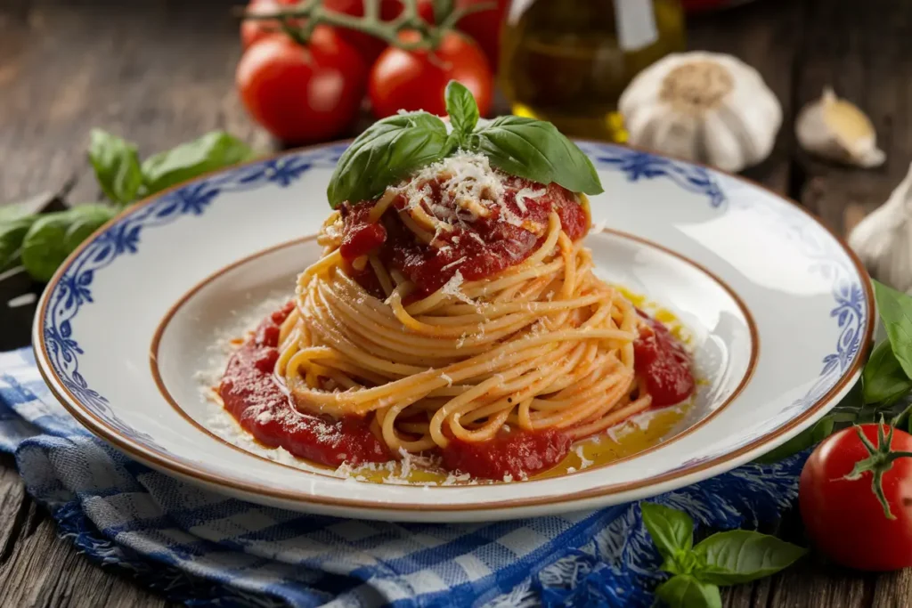 Perfectly plated spaghetti with marinara sauce, fresh basil, Parmesan, and olive oil, styled with fresh ingredients on a rustic table