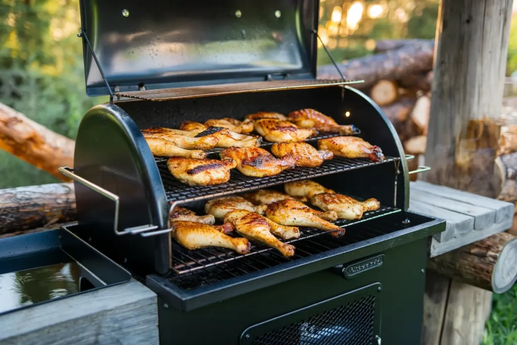 Juicy chicken pieces smoking at 225°F on a backyard smoker with thin blue smoke and a water pan underneath.