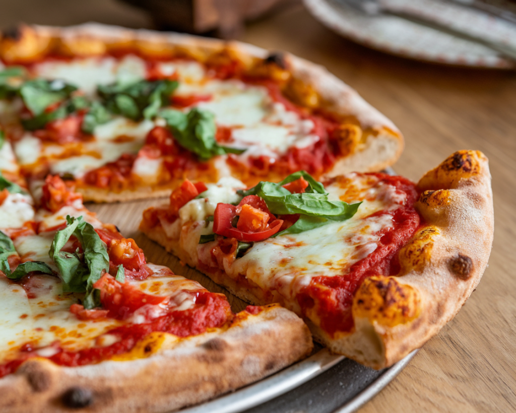 A classic pizza pie sliced open to reveal layers of cheese, sauce, and toppings.