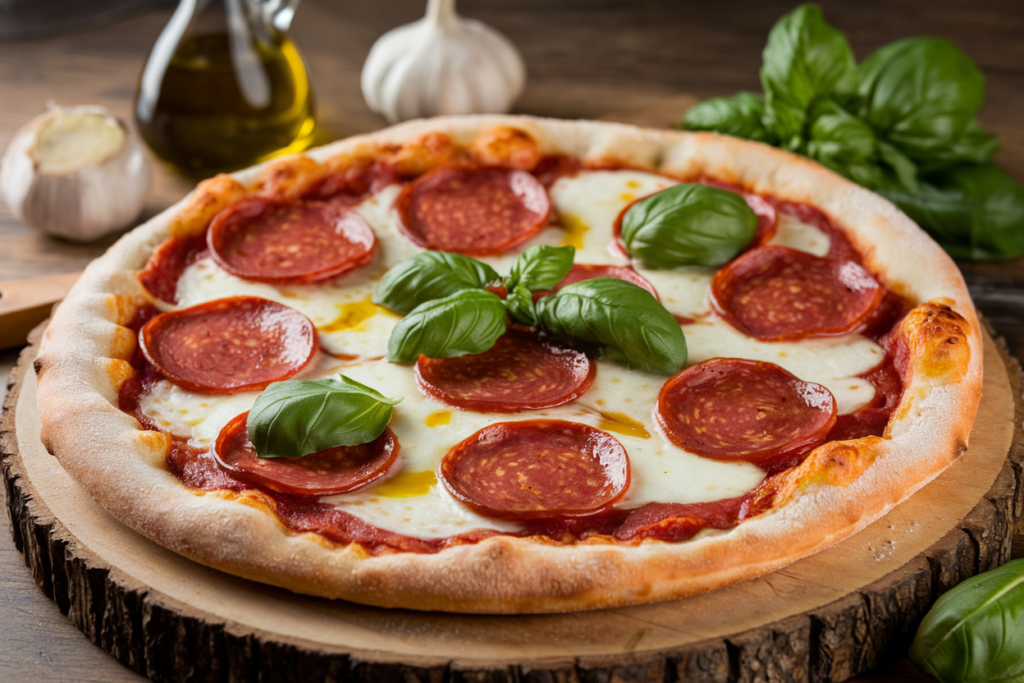 Classic Italian pepperoni pizza topped with fresh mozzarella, authentic pepperoni, and basil on a rustic wooden board.