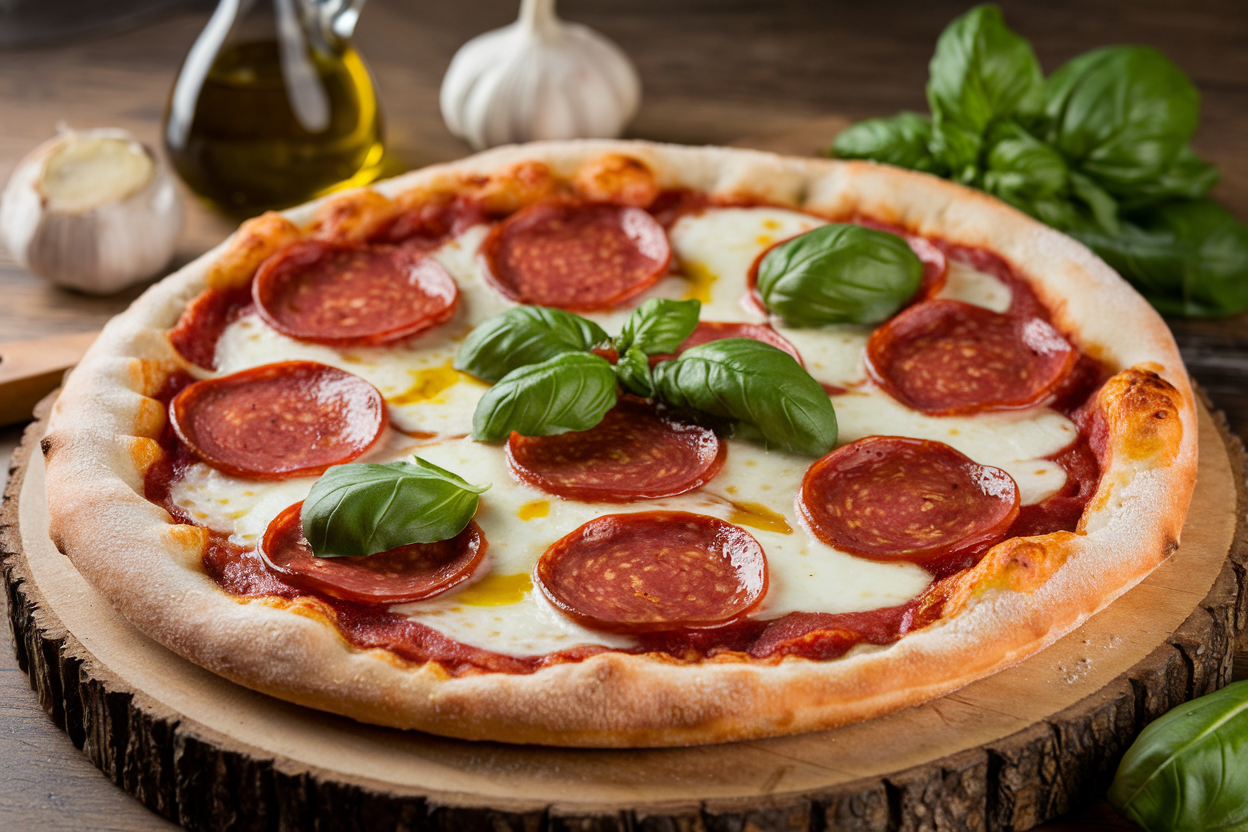 Classic Italian pepperoni pizza topped with fresh mozzarella, authentic pepperoni, and basil on a rustic wooden board.