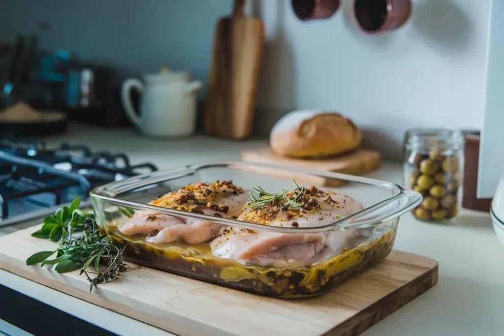 Chicken breasts being marinated with spices and olive oil in a glass dish, surrounded by herbs on a kitchen counter.