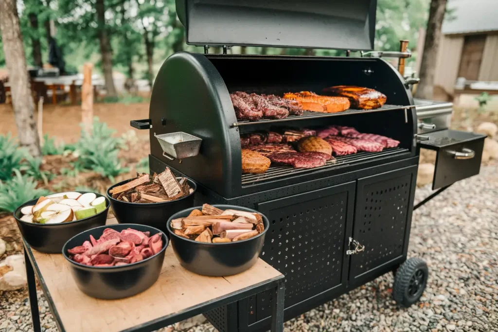 Assorted wood chips and a water pan displayed near a smoker, highlighting tools for enhancing smoked chicken flavor.