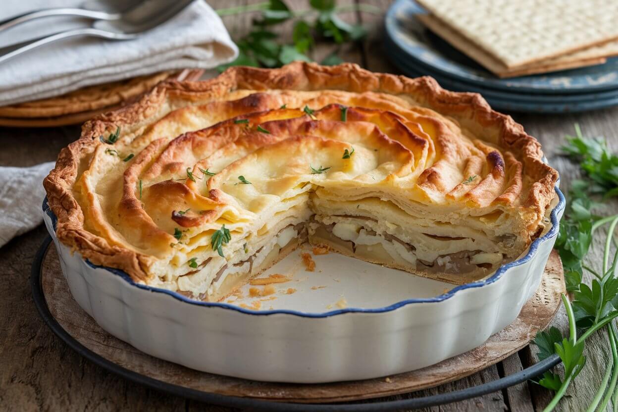 Passover Potato Pie with a golden, crispy top served in a white ceramic dish, showcasing its creamy potato layers.