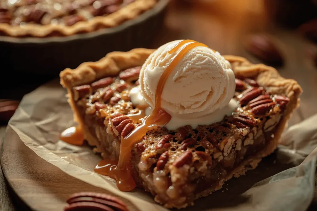 A slice of pecan pie cobbler served with vanilla ice cream and caramel drizzle, perfect for a cozy dessert.