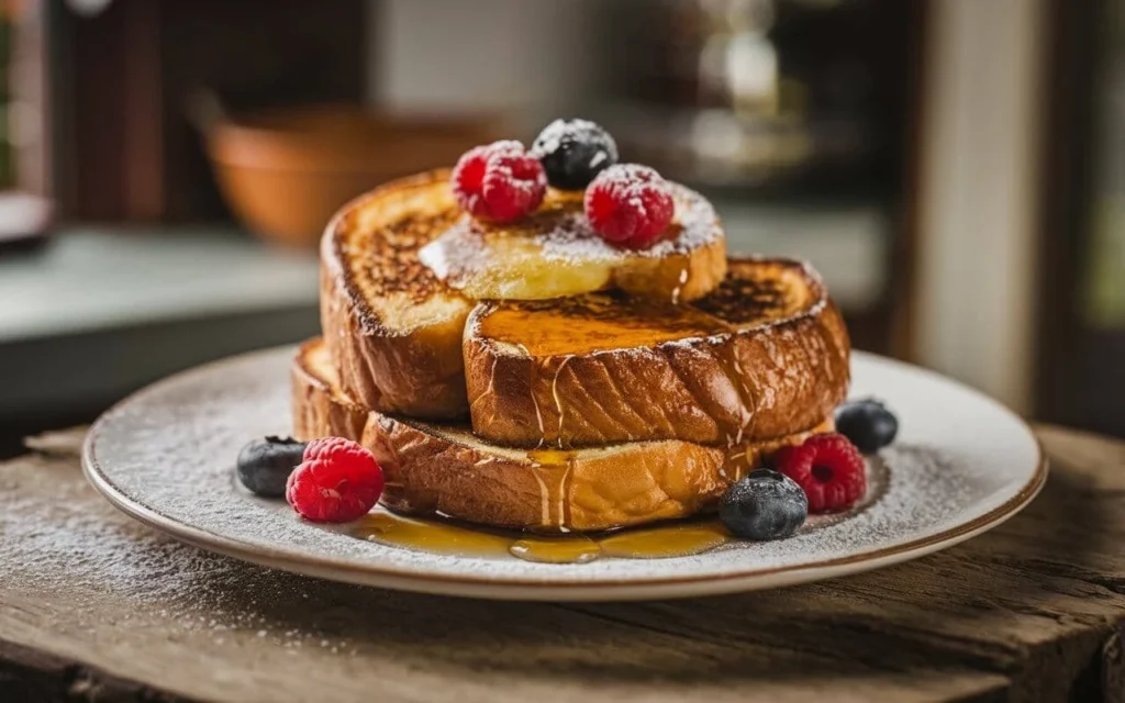 A plate of golden brioche French toast topped with fresh berries and powdered sugar, served with maple syrup on a rustic wooden table.