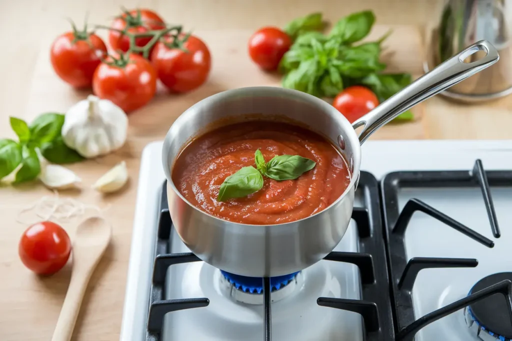 Spaghetti boiling in a pot with steam rising, surrounded by olive oil, salt, and a wooden spoon.