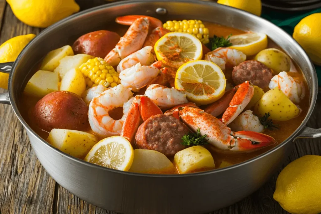 A pot of seafood boil featuring crab legs, shrimp, corn, potatoes, and sausage with bold seasoning.