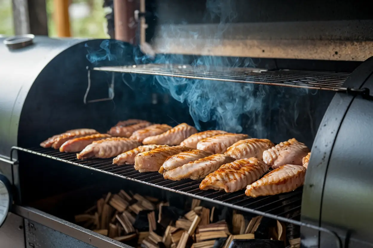 Chicken breasts smoking at 225°F on a backyard smoker with thin blue smoke and wood chips in the background