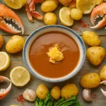 A vibrant seafood boil spread with crab legs, shrimp, corn, potatoes, and a bowl of golden buttery seafood boil sauce garnished with garlic and parsley.