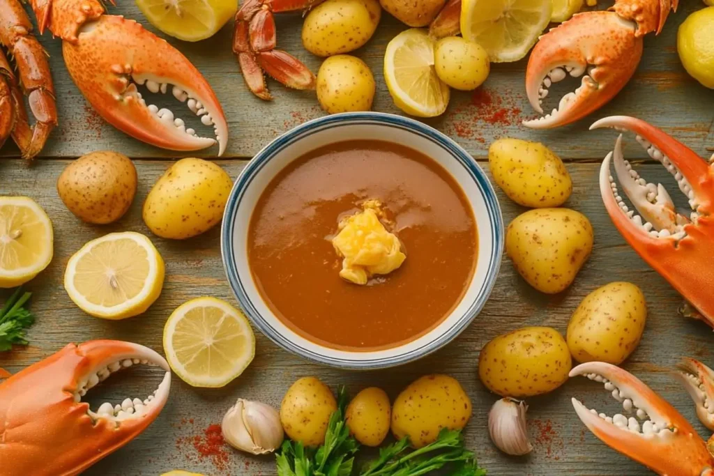A colorful seafood boil spread with crab, shrimp, corn, and a bowl of seafood boil sauce on a rustic wooden table.