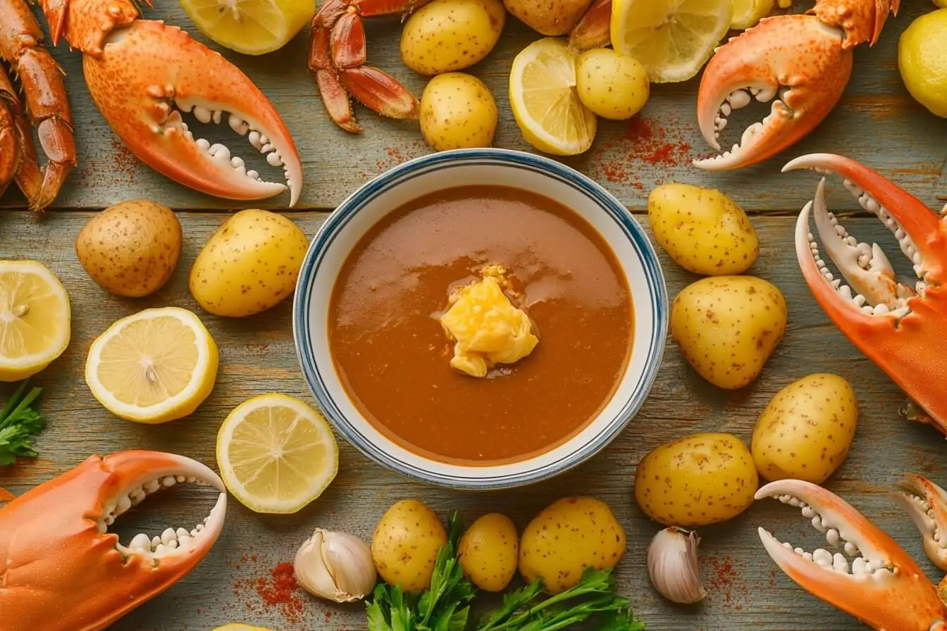 A colorful seafood boil spread with crab, shrimp, corn, and a bowl of seafood boil sauce on a rustic wooden table.