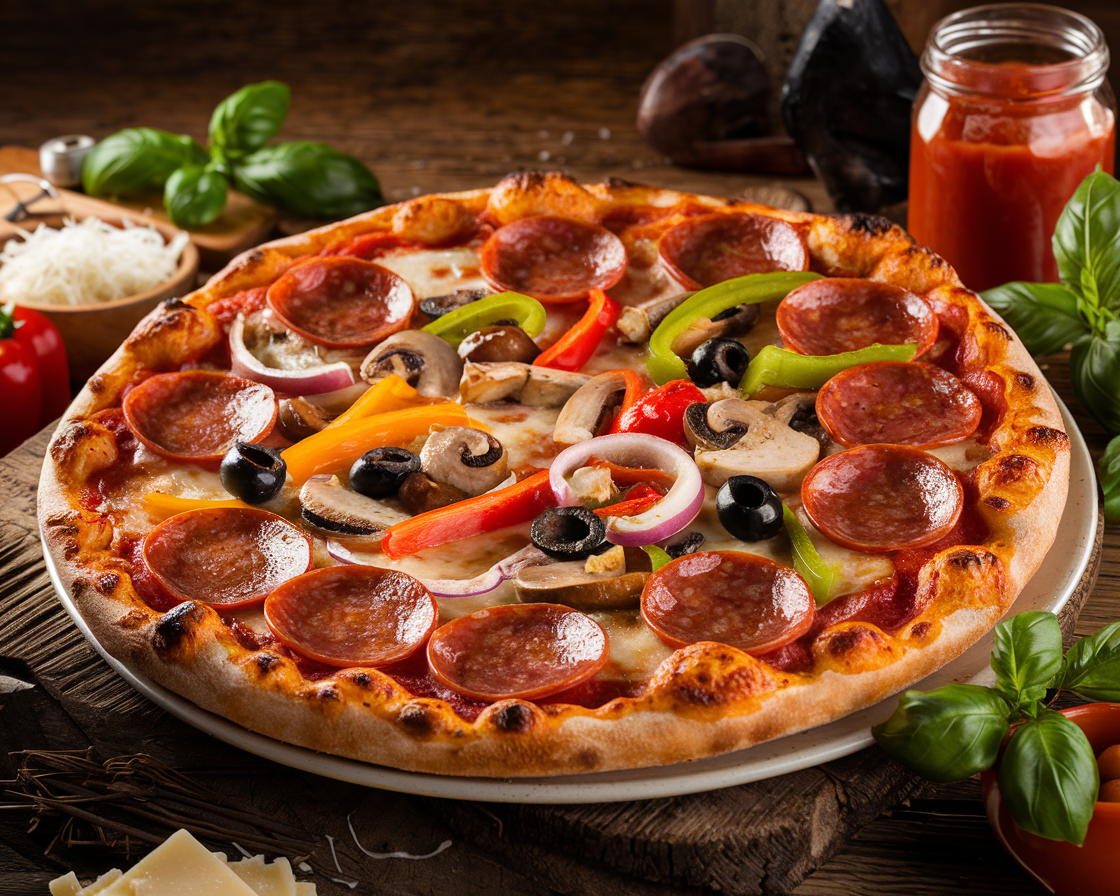 A freshly baked supreme pizza with vibrant toppings on a rustic wooden table surrounded by fresh ingredients.