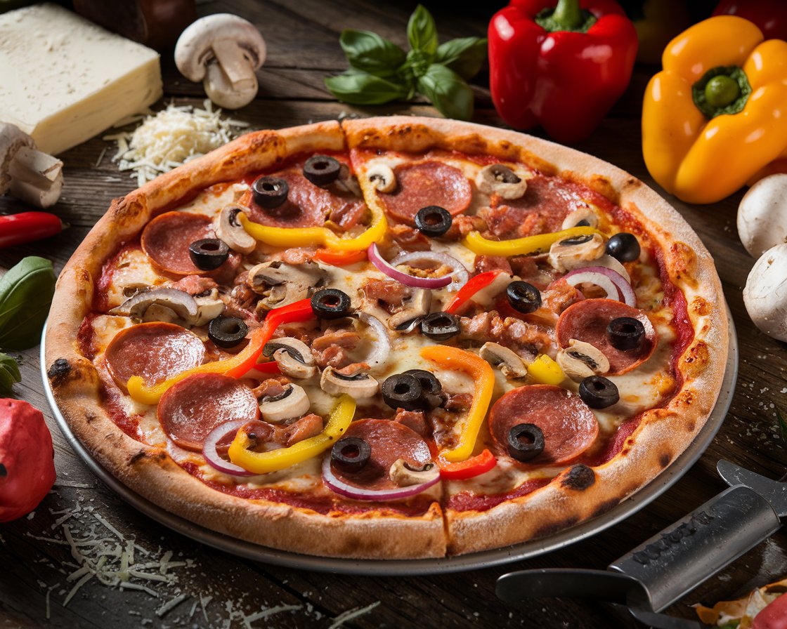 Flat lay of supreme pizza ingredients, including pepperoni, sausage, vegetables, cheese, and tomato sauce on a wooden surface.