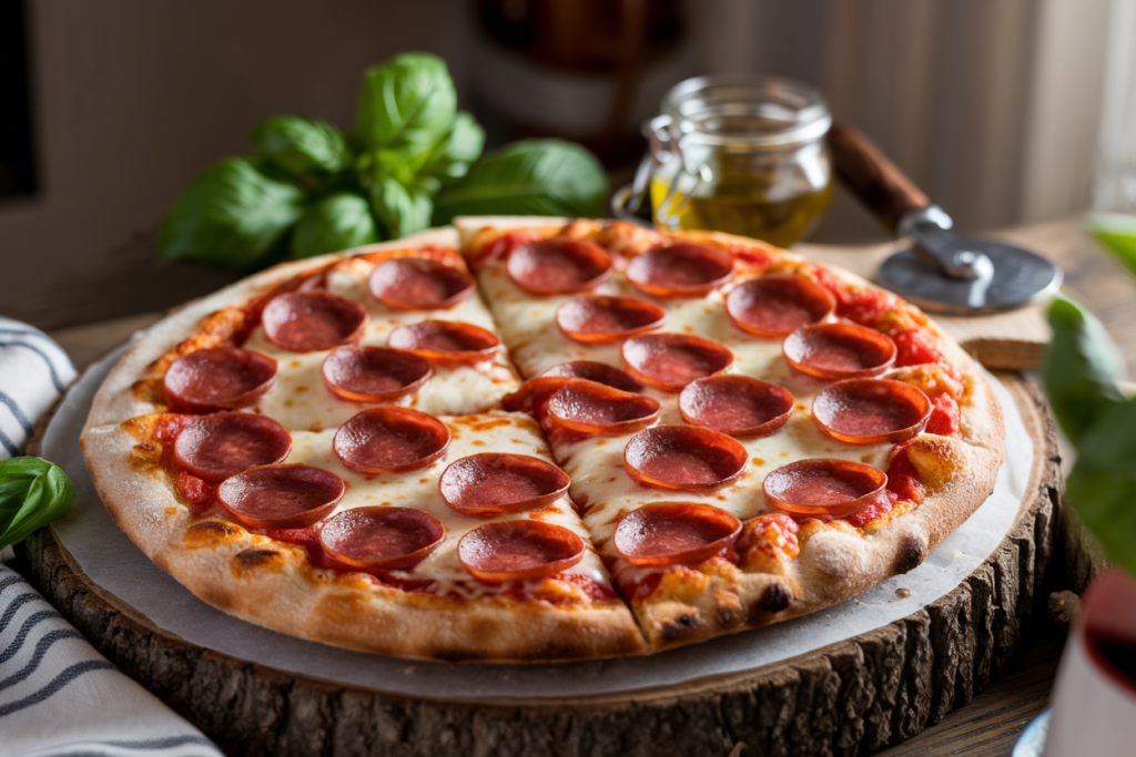 A freshly baked pepperoni pizza with a golden crust, melted mozzarella, and crispy pepperoni slices on a wooden board.