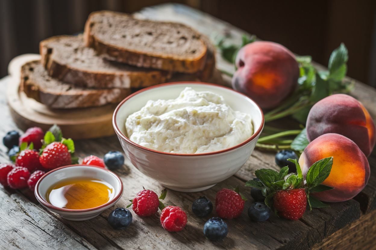 Bowl of cottage cheese with rye bread, fresh fruits, and honey on a rustic wooden table, showcasing traditional pairings.