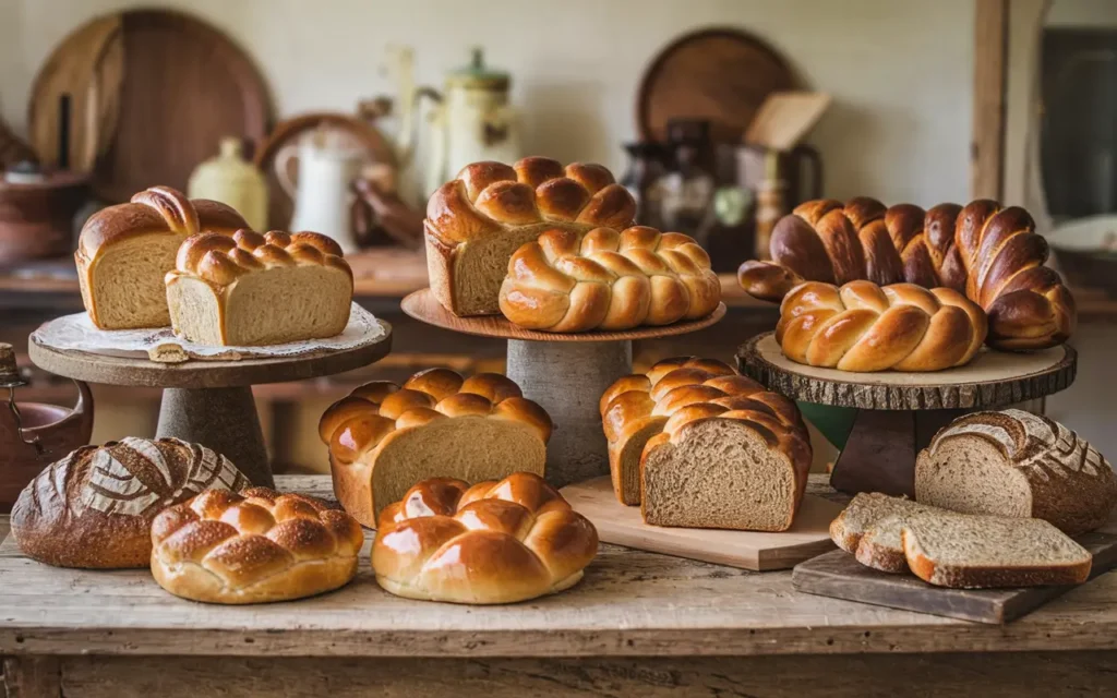 Assortment of brioche buns, loaves, and braided styles alongside sourdough and whole wheat bread.
