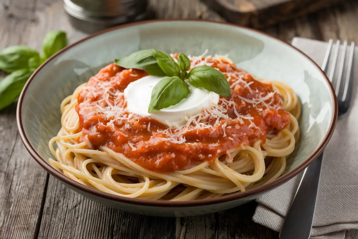 A bowl of spaghetti with creamy tomato and sour cream sauce, garnished with basil and parmesan.