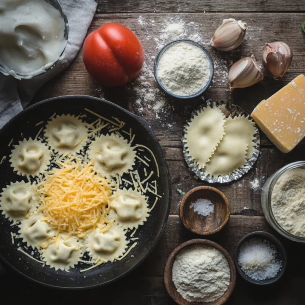 Rustic kitchen with ingredients for cheesy skillet ravioli.