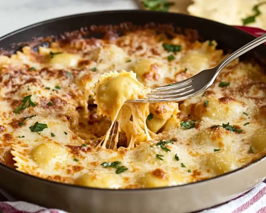 A fork taking some cheesy ravioli from a skillet.