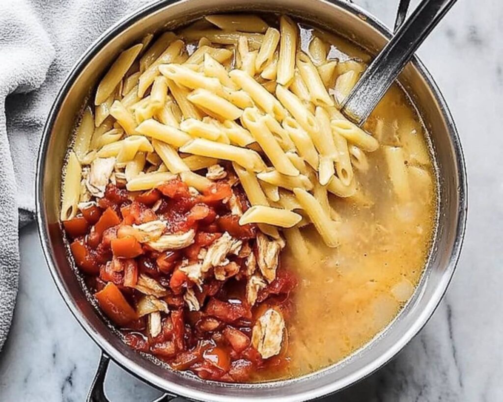 Add Pasta Fire Roasted Tomatoes and Chicken Broth
