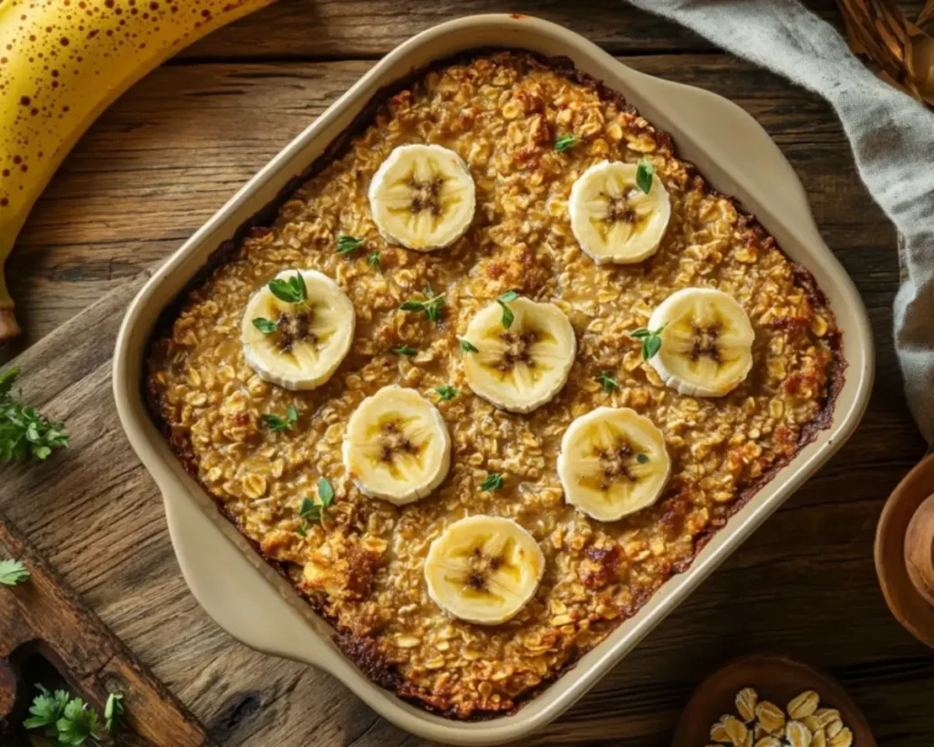 A beautifully arranged plate of Banana Bread-Style Baked Oatmeal with golden