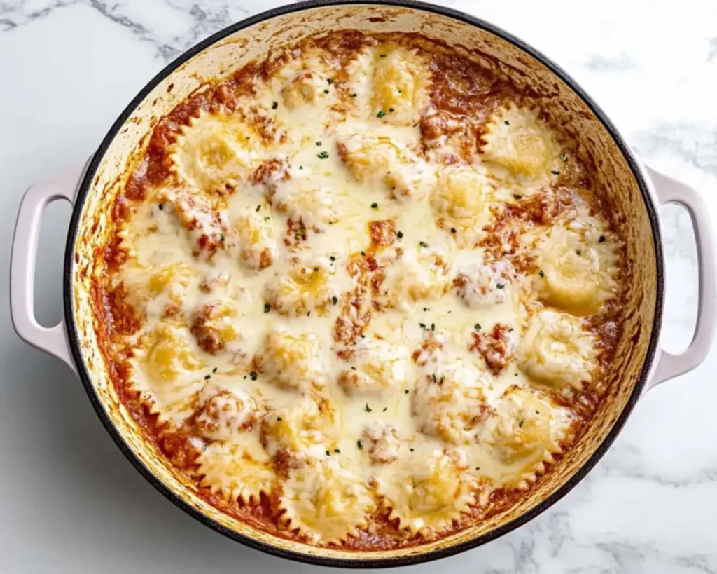 Cheese skillet ravioli topped with melted cheese.