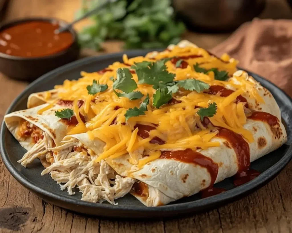 A delicious plate of chicken enchiladas with melted cheese and vibrant garnishes