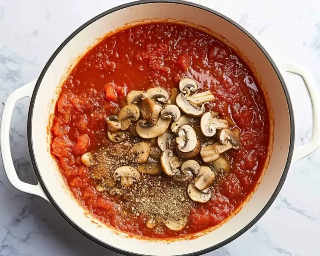 Marinara sauce, diced tomatoes, and seasonings added to a skillet with sliced mushrooms.