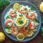A beautifully plated dish of One Pot Lemon Garlic Shrimp and Rice with succulent shrimp, lemon slices, and fresh parsley on a rustic table.