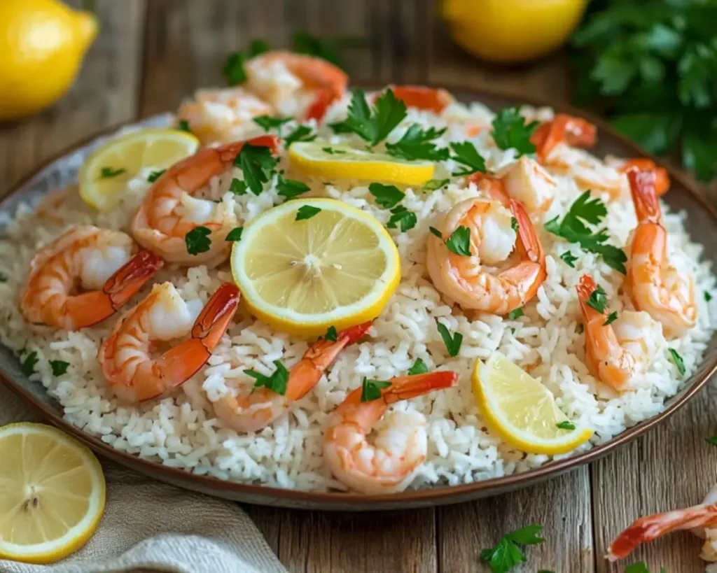 A beautifully plated dish of One Pot Lemon Garlic Shrimp and Rice with succulent shrimp, lemon slices, and fresh parsley on a rustic table.