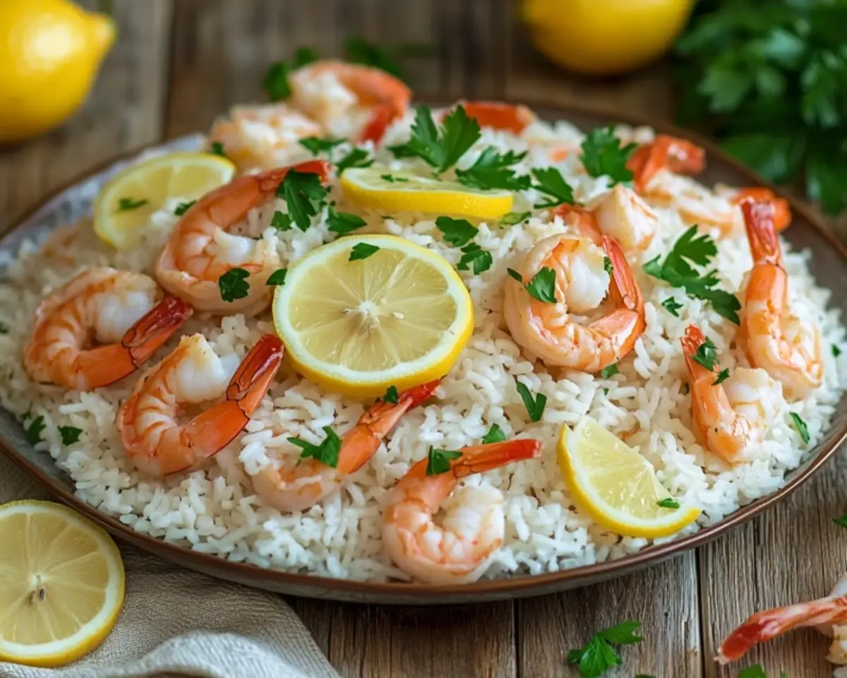 A beautifully plated dish of One Pot Lemon Garlic Shrimp and Rice with succulent shrimp, lemon slices, and fresh parsley on a rustic table.