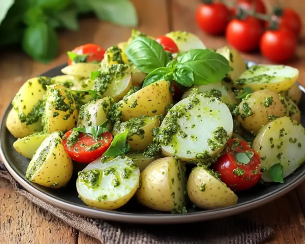 A beautifully arranged plate of Pesto Potato Salad with creamy potatoes and vibrant basil pesto on a rustic table.