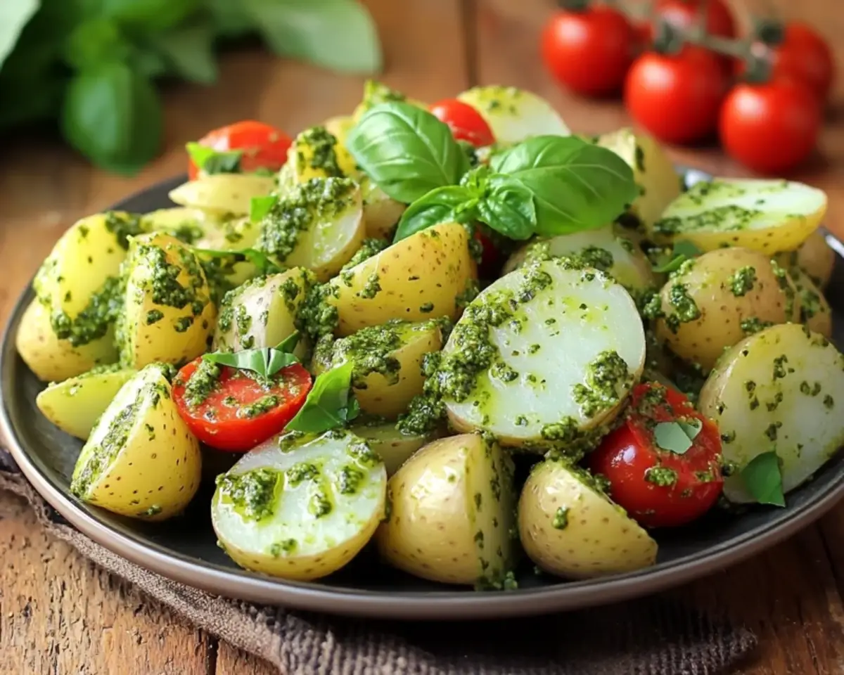 A beautifully arranged plate of Pesto Potato Salad with creamy potatoes and vibrant basil pesto on a rustic table.