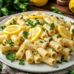 A beautifully plated dish of Lemon Ricotta Pasta with creamy ricotta, bright lemon slices, and fresh herbs on a rustic table
