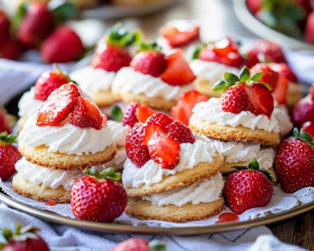 Close-up of strawberry shortcake cookies with fresh strawberries and whipped cream.
