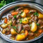 A stylish presentation of slow cooker beef stew in a bowl, ready to be enjoyed as a hearty meal.