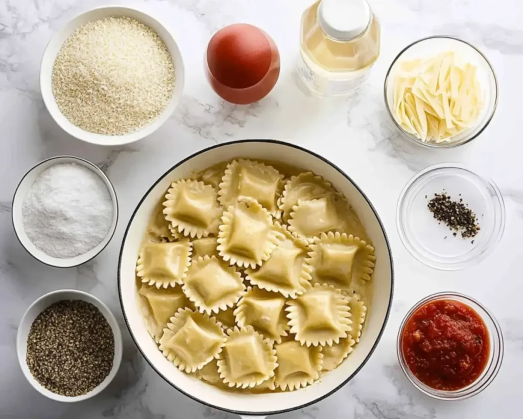 The ingredients to make a cheesy ravioli skillet.