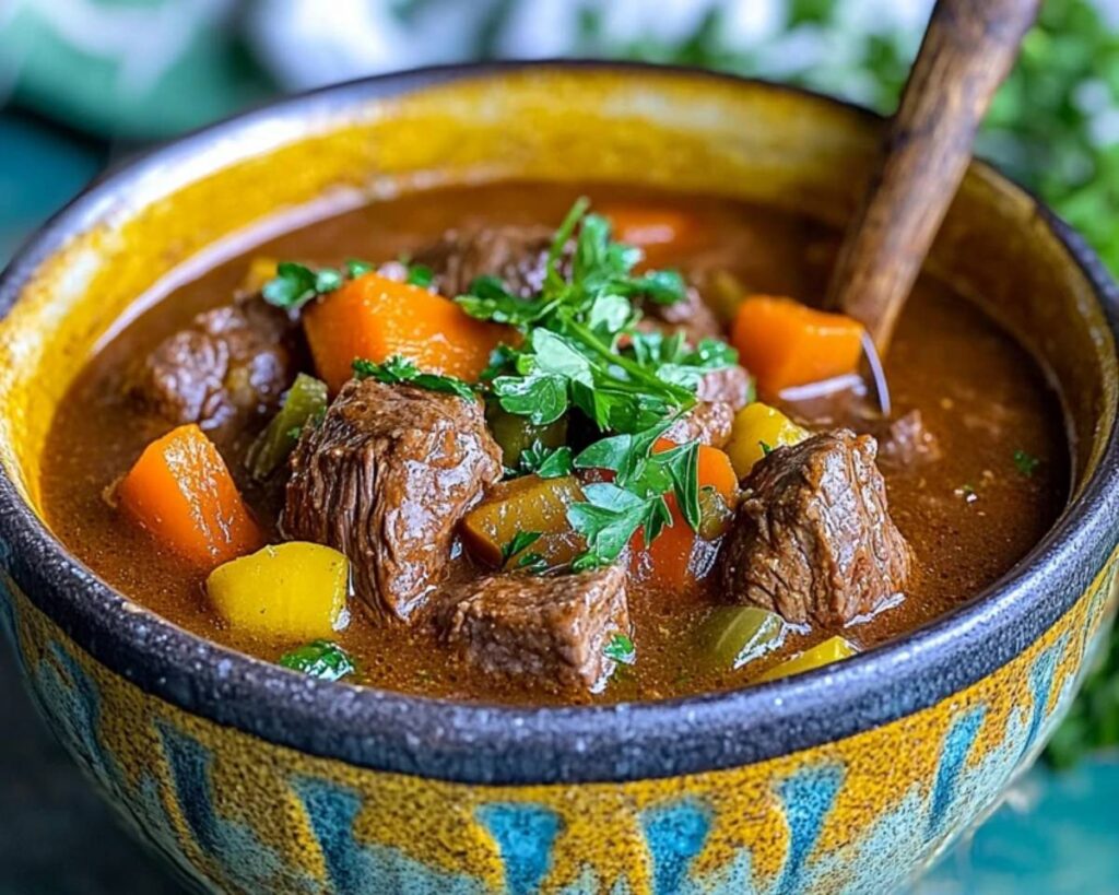 Close-up of a bowl of slow cooker beef stew with tender beef and vegetables.