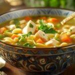 Close-up of chicken noodle soup simmering in a large pot.