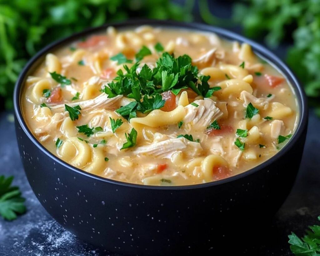 Close-up of a bowl of chicken noodle soup with noodles, chicken, and vegetables.