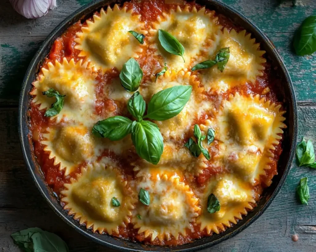 Close-up of cheesy skillet ravioli with bubbling melted cheese and tomato sauce