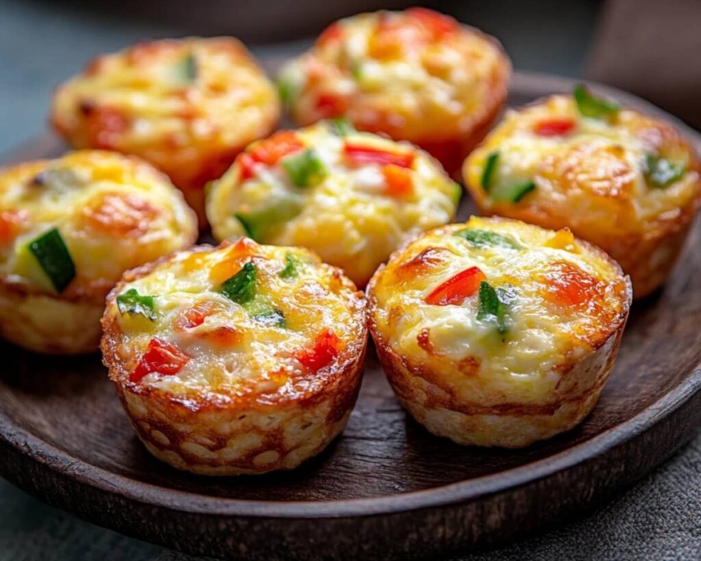 Close-up of freshly baked egg muffins with cheese, meat, and vegetables.