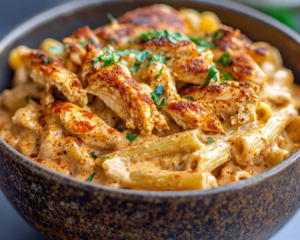 Close-up of one pot creamy Cajun chicken pasta with spicy chicken and creamy sauce.