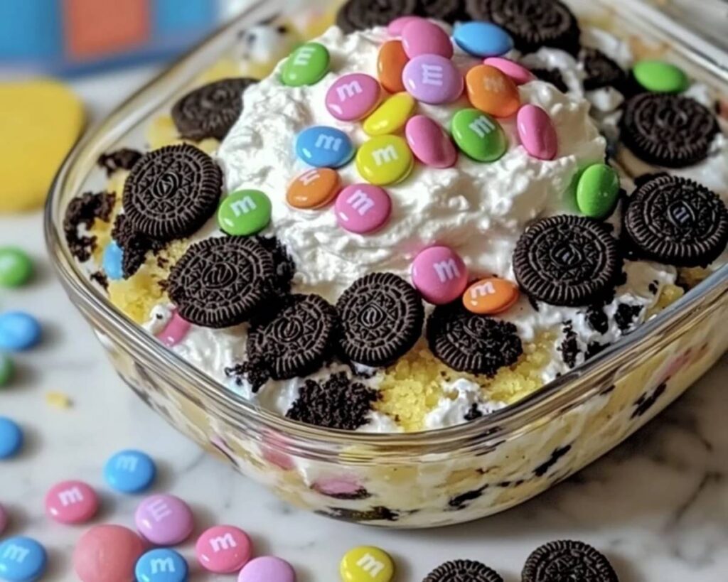 Close-up view of a luscious Easter Dirt Cake Casserole with pastel toppings
