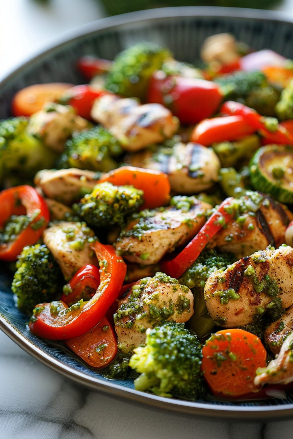 Dish with pesto chicken and mixed vegetables