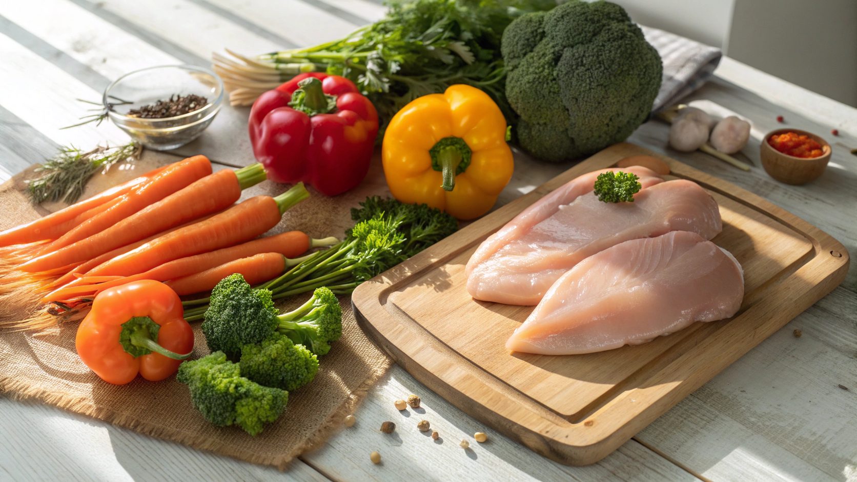 Flat lay of fresh ingredients for pesto chicken recipe