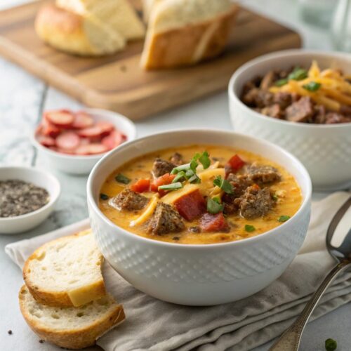 Featured image of Keto Bacon Cheeseburger Soup served in a white ceramic bowl