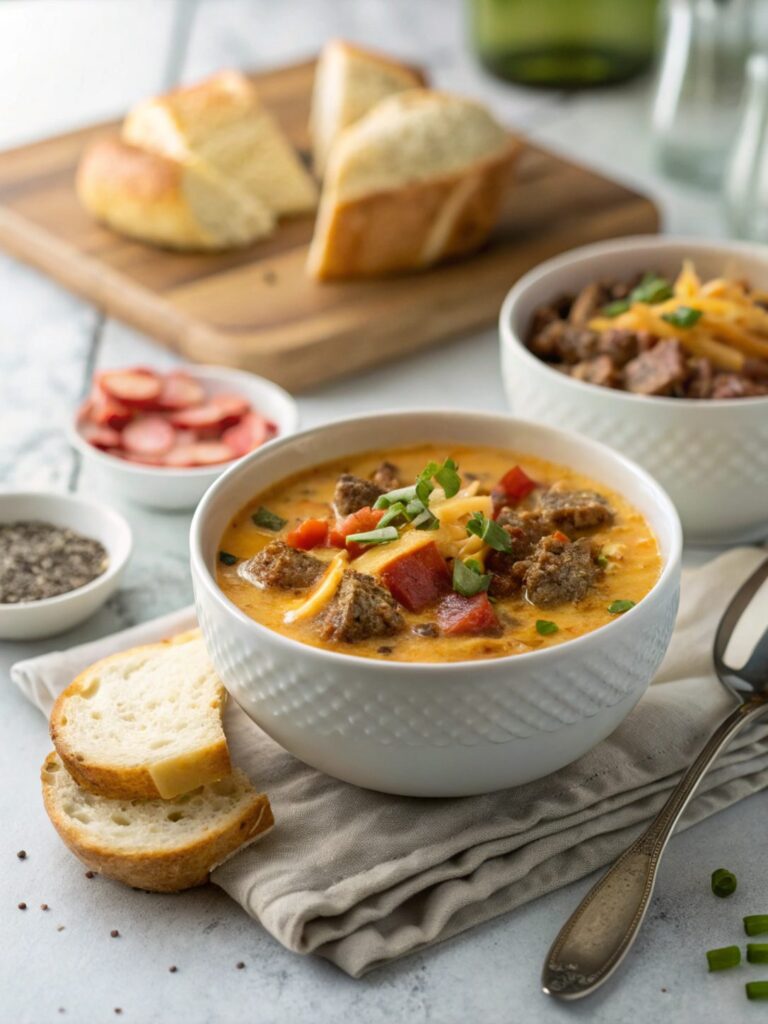 Featured image of Keto Bacon Cheeseburger Soup served in a white ceramic bowl